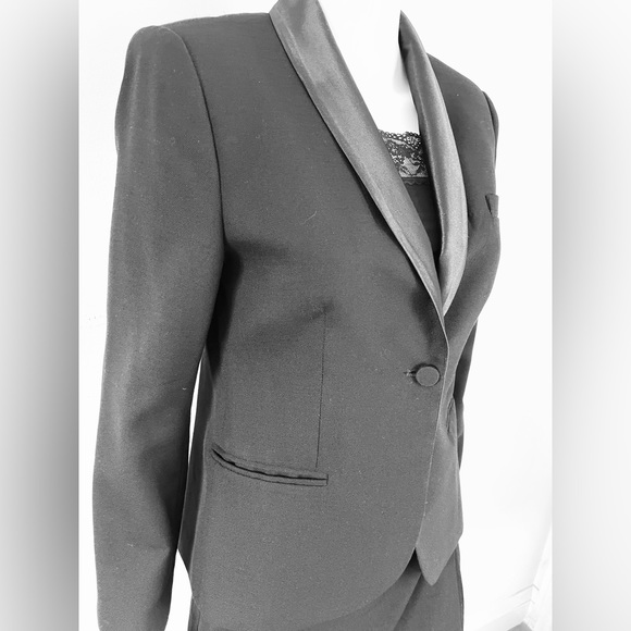Zara black 100% Wool tuxedo style long blazer shiny black satin collar US Large - Picture 4 of 14